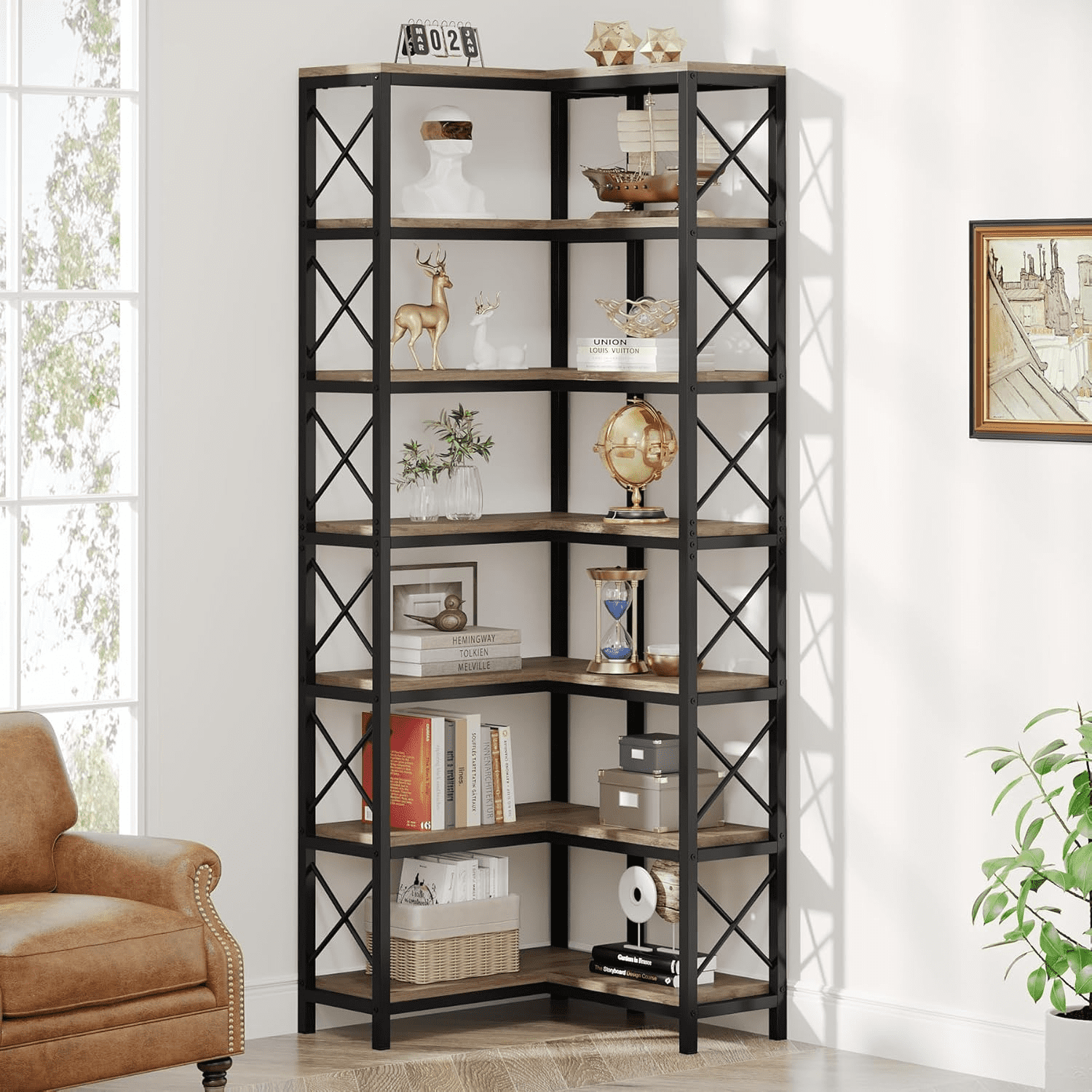 SASYXDC 7-Tier Corner Bookcase GUBUONIP Industrial Large Corner ...