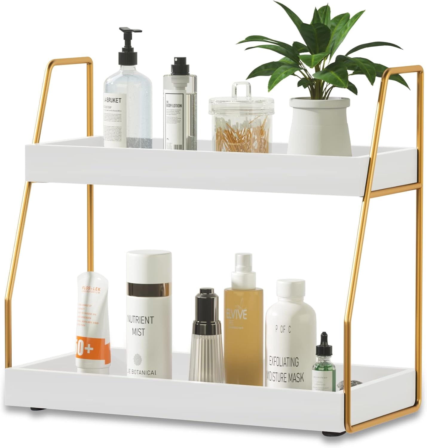 Bathroom Countertop Organizer – White & Gold Wooden 2-Tier Sink Tray For Vanity, Makeup, Or Bedroom Storage