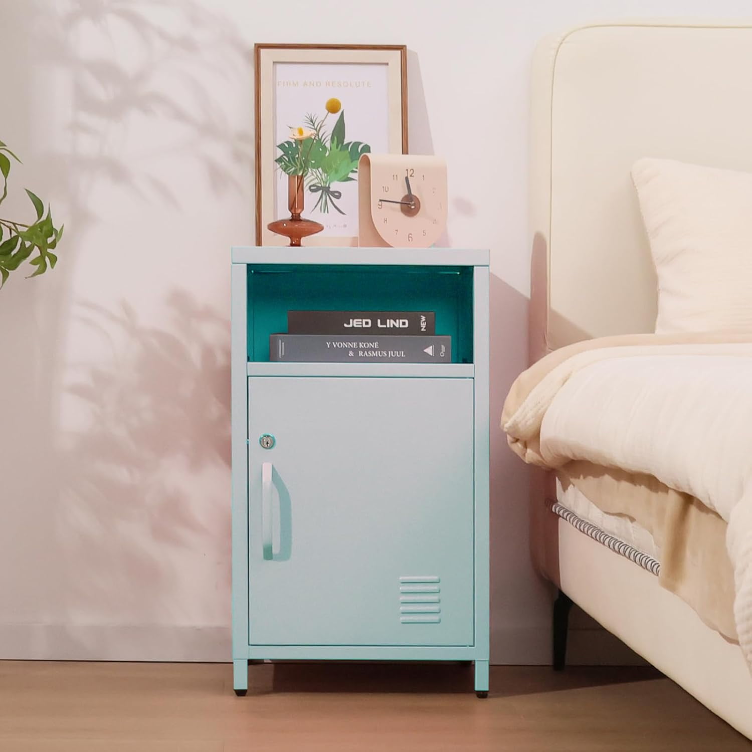 DXYKOPA Compact Metal Nightstand with Lockable Cabinet and Open Shelf ...