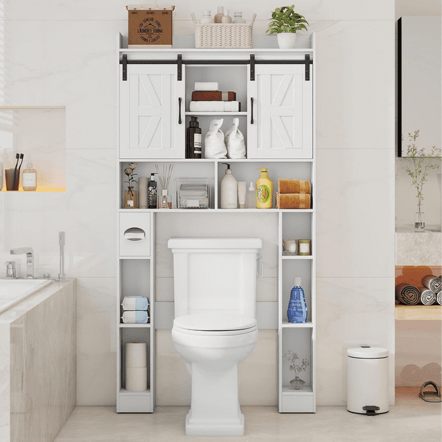 Over The Toilet Storage Cabinet With Sliding Doors - Farmhouse Style Bathroom Organizer With Paper Holder