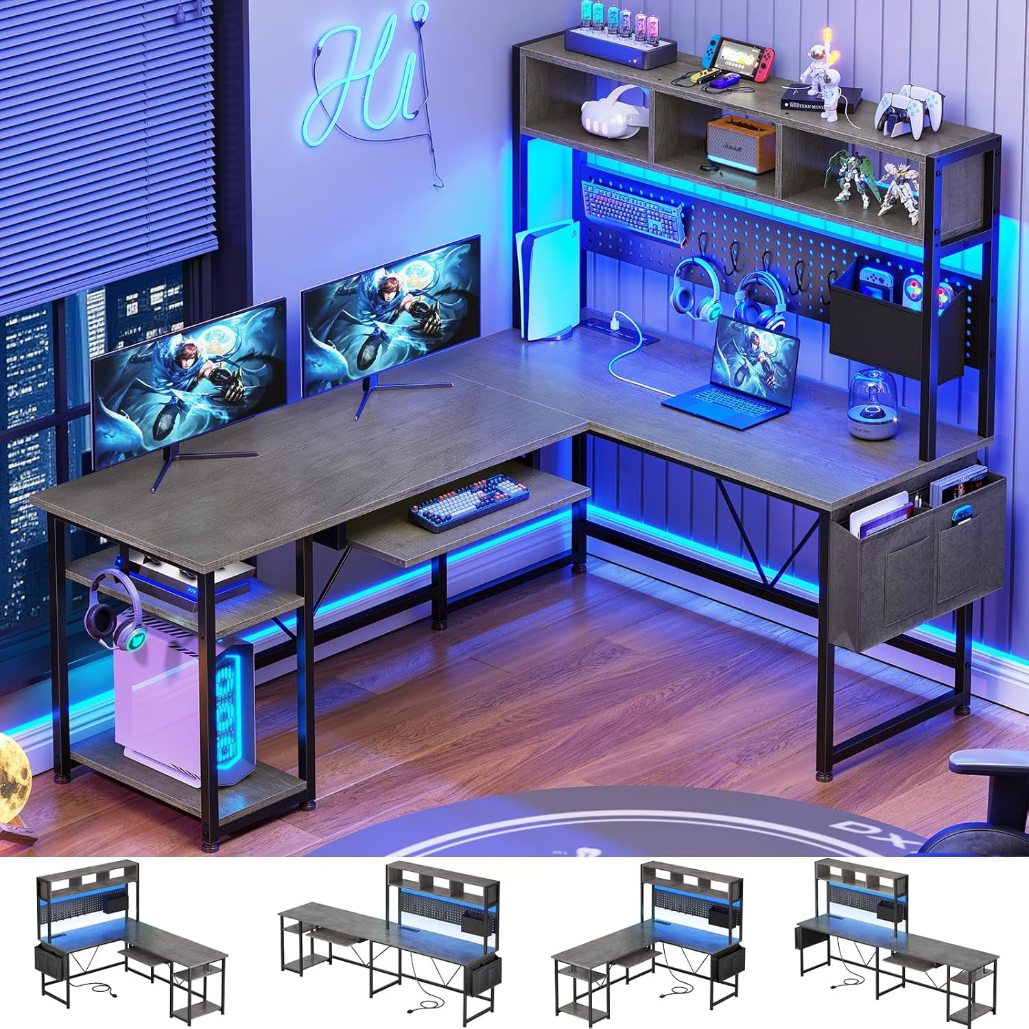 DXYKOPA L Shaped Gaming with Hutch 57.5\u201D Reversible Corner ...
