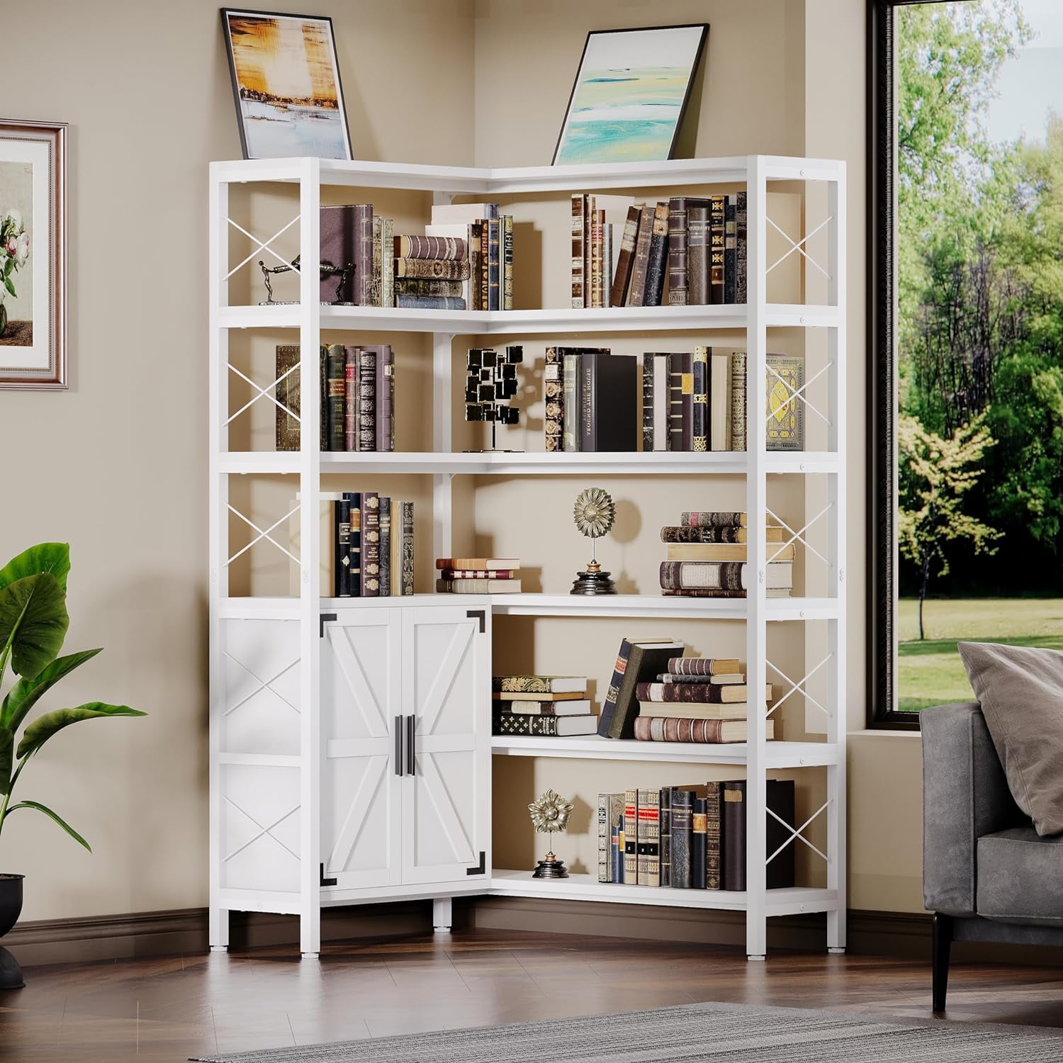DXYKOPA Large 6 Tier Shelf with Storage Cabinet L Shaped Bookcase Plant ...