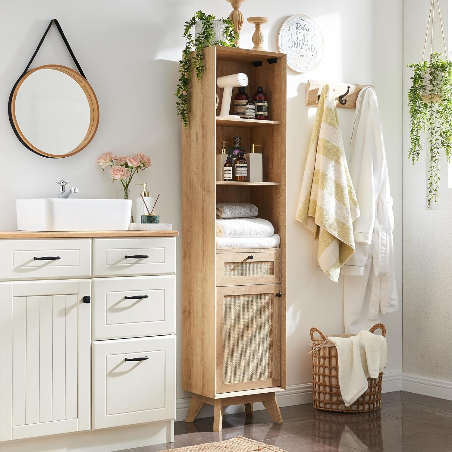 DXYKOPA Natural Rattan Bathroom Wall Cabinet - Modern Boho Medicine ...