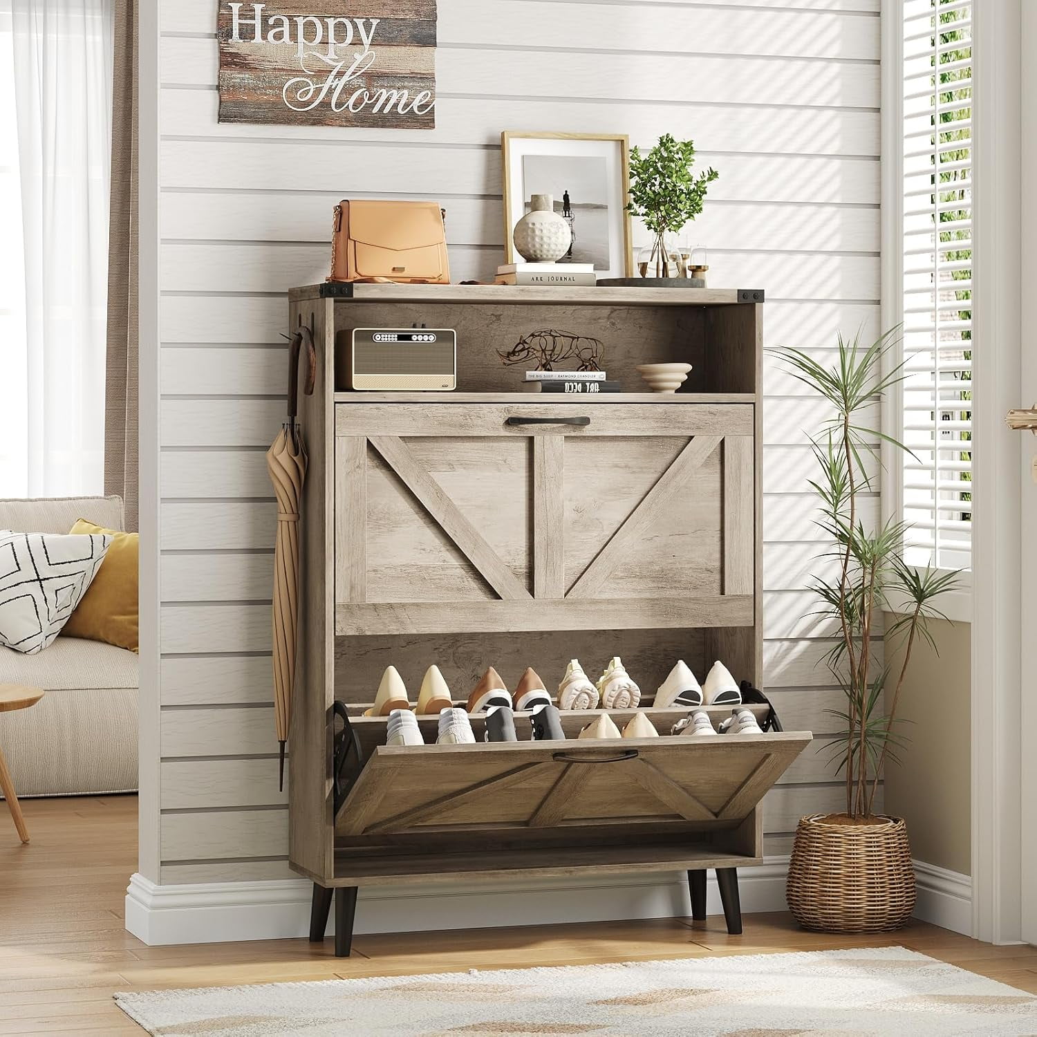 DXYKOPA Shoe Storage Cabinet with 2 Flip Drawers Freestanding Narrow ...