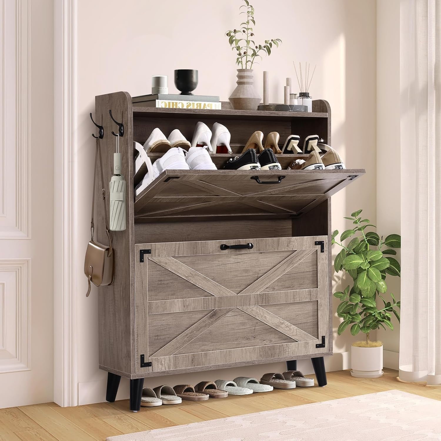 DXYNLZQ Shoe Storage Cabinet with 2 Flip Drawers Farmhouse Narrow Shoe ...