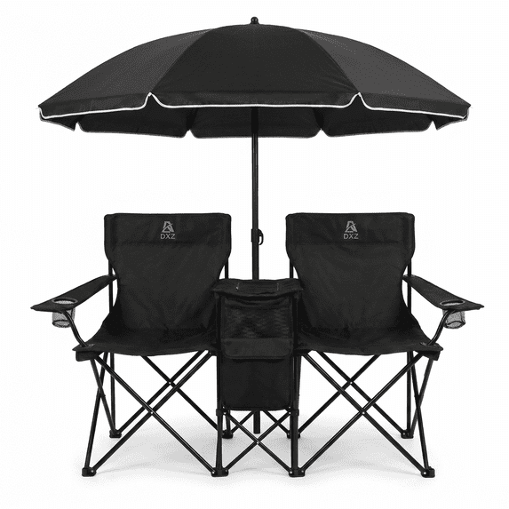 DXZ 2 Person Folding Camping Chair with Removable Umbrella, Cooler Bag and Carry Bag, Double Outdoor Beach Chair for Camping, Picnic, Fishing and Sports Events