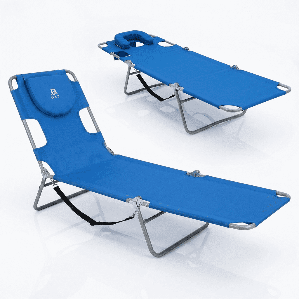 DXZ Portable Folding Beach Lounge Chair, Adjustable Reclining Chaise with Removable Headrest, Face Down & Lying Positions, Outdoor Lounger for Beach, Pool, Patio and Camping