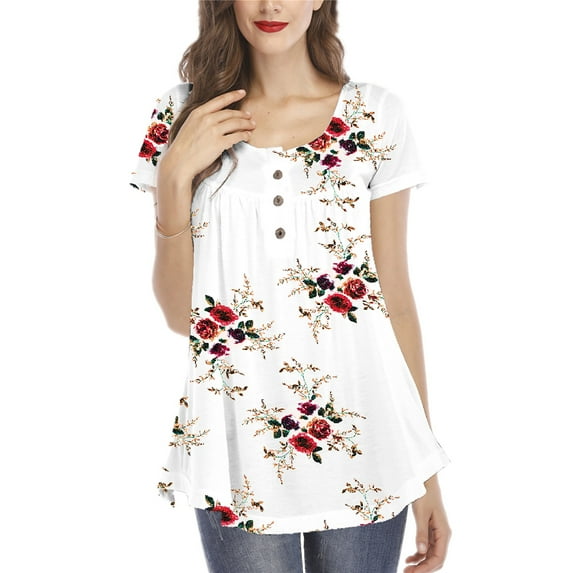 DYAMDE Womens Henley V-Neck Casual Blouse Pleated Button Tunic Shirt Top