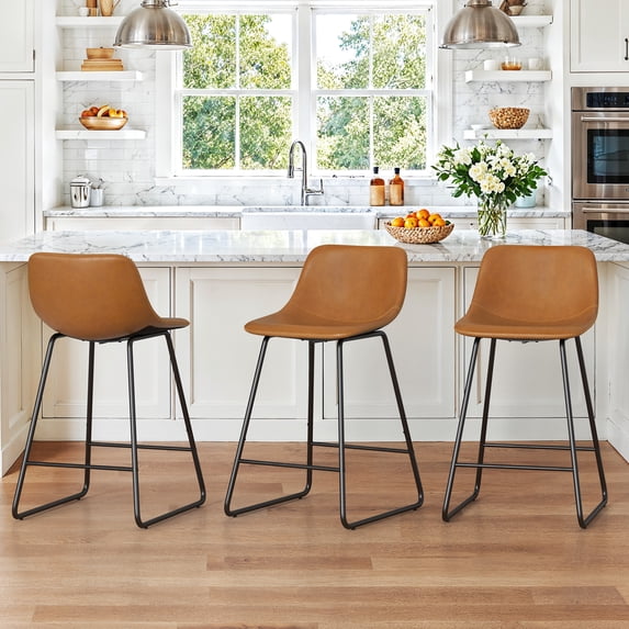 DYCANPO 24" Counter Height Bar Stools Set of 3, Faux Leather, Cognac Brown