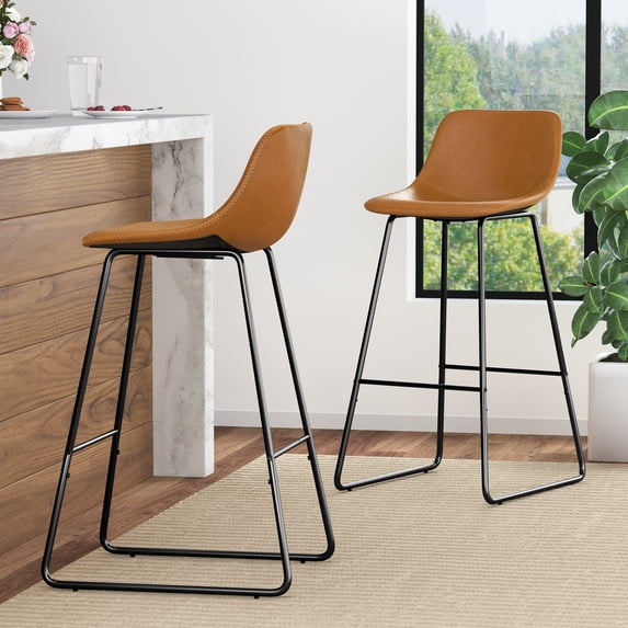 DYCANPO 30" Counter Height Bar Stools Set of 2, Faux Leather, Cognac Brown