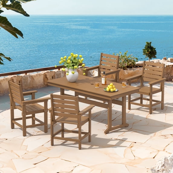 DYCANPO 5-Piece Outdoor Dining Set with Umbrella Hole, HDPS Rectangle Patio Table Set for 4, Light Brown