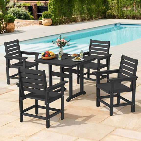 DYCANPO 5-Piece Outdoor Dining Set with Umbrella Hole, HDPS Square Patio Table Set for 4, Black
