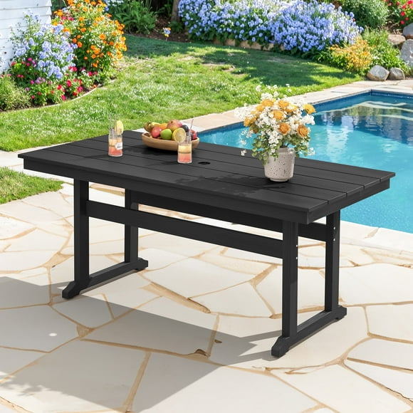 DYCANPO 66'' Outdoor Dining Table with Umbrella Hole, HDPS Rectangle Patio Table, Black