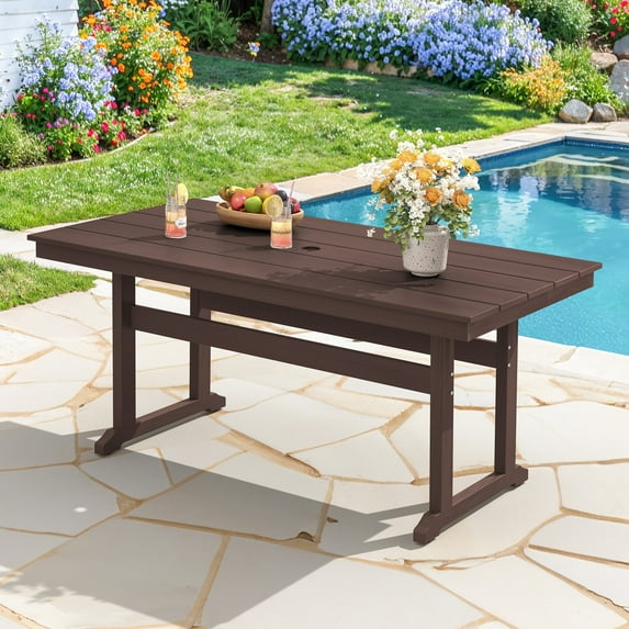 DYCANPO 66'' Outdoor Dining Table with Umbrella Hole, HDPS Rectangle Patio Table, Dark Brown