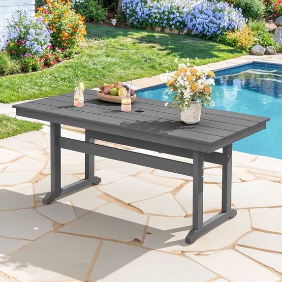 DYCANPO 66'' Outdoor Dining Table with Umbrella Hole, HDPS Rectangle Patio Table, Gray