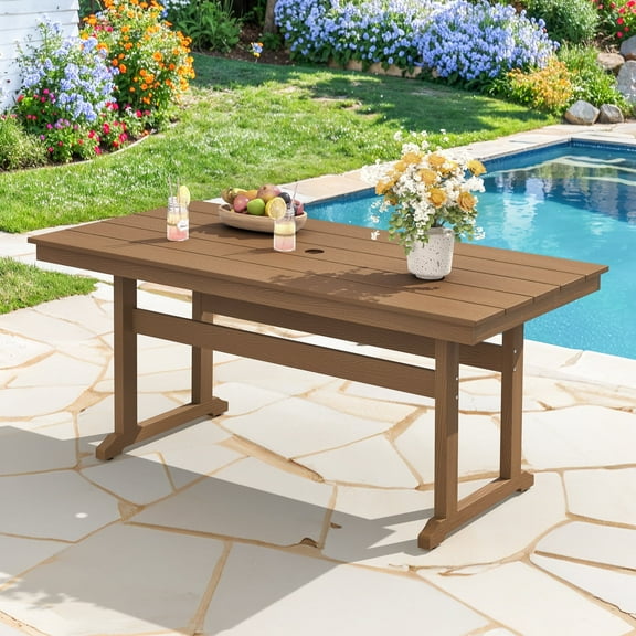 DYCANPO 66'' Outdoor Dining Table with Umbrella Hole, HDPS Rectangle Patio Table, Light Brown