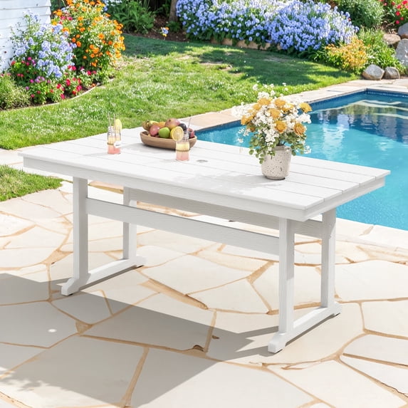 DYCANPO 66'' Outdoor Dining Table with Umbrella Hole, HDPS Rectangle Patio Table, White