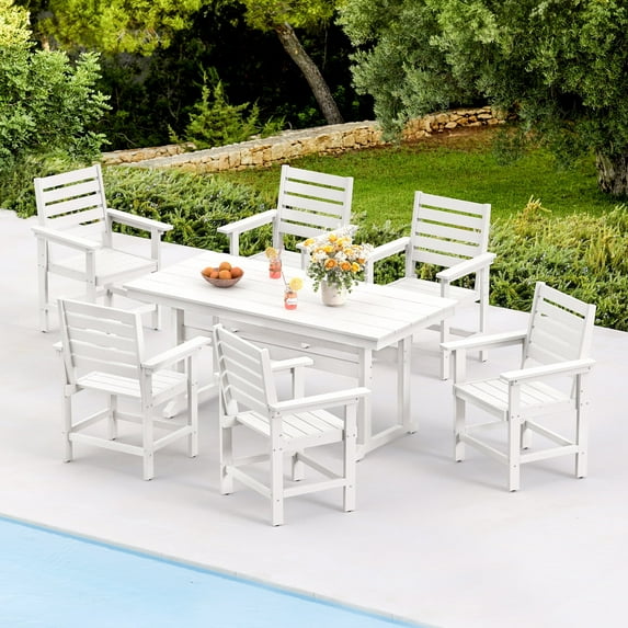 DYCANPO 7-Piece Outdoor Dining Set with Umbrella Hole, HDPS Patio Furniture Set for 6, White