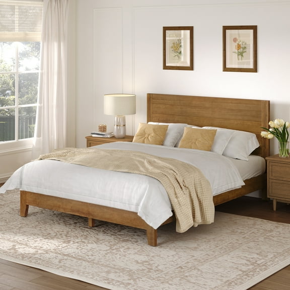 DYCANPO Queen Bed Frame with Headboard, Acacia Wood Platform, Non-Slip&Without Noise, Dark Wood