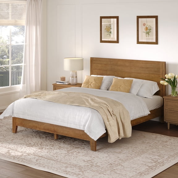 DYCANPO Queen Bed Frame with Headboard, Acacia Wood Platform, Non-Slip&Without Noise, Dark Wood