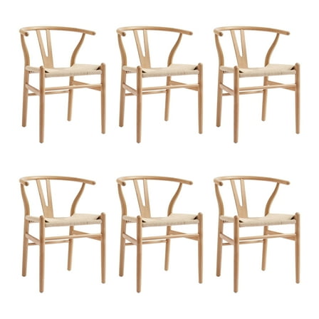 DYCANPO Wood Dining Chairs Set of 6, Mid Century Modern Y-Shaped Backrest, Fully Assembled, Natural