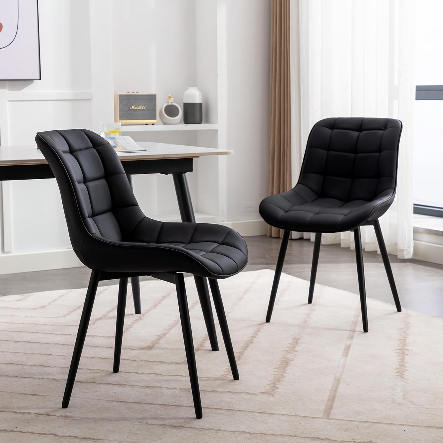DYHOME Black PU Leather Dining Chairs Set of 2, Kitchen Chair Mid ...