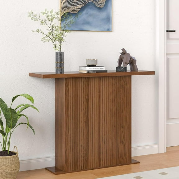 DYJP 41 Inch Walnut Fluted Narrow Console Table - Farmhouse Entryway Sofa Accent Table
