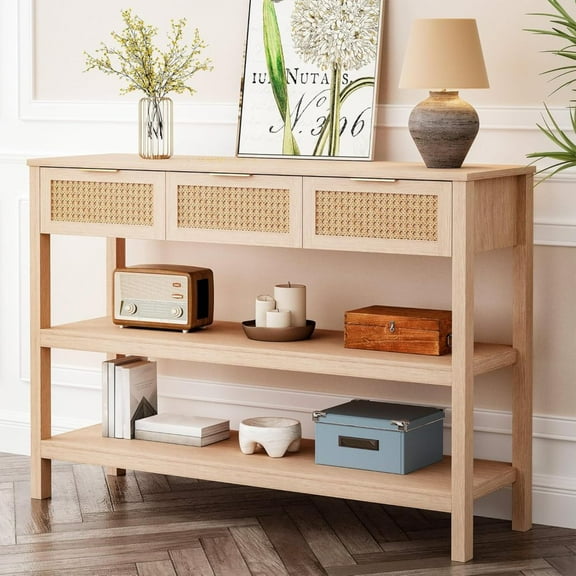 DYJP 51" Narrow Natural Wood Console Table - 3 Rattan Drawers 2 Storage Shelves for Living Room Bedroom