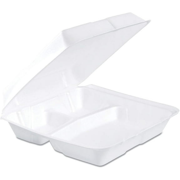 DYJP 95HT3R 9.25 in. x 9.5 in. x 3 in. 3-Compartment Foam Hinged Lid Containers - White (200/Carton)