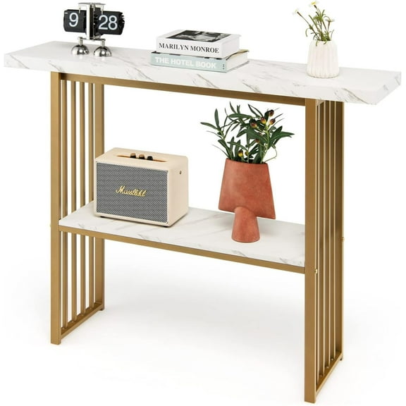 DYJP Console Table Sofa Table - 48 Faux Marble Entryway Table, 2-Tier Narrow Couch Side Table with Anti-Toppling Kit, Long Buffet Table for Kitchen, Living Room, Dining Room Hallway Entry Table