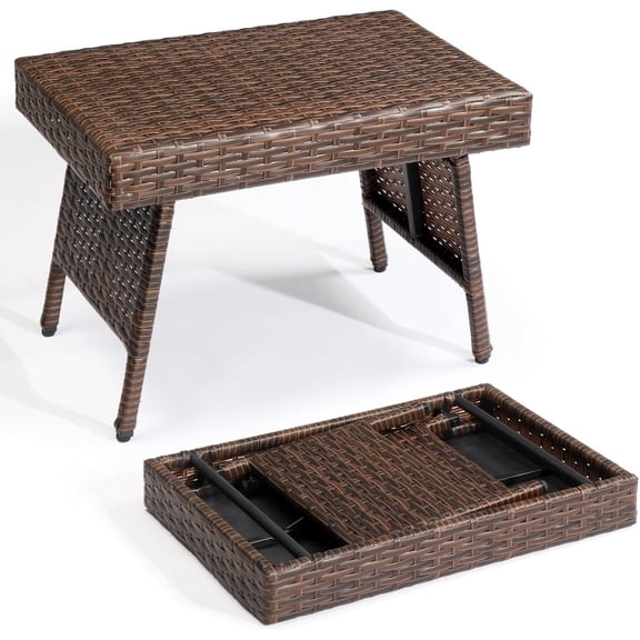 DYJP Outdoor Folding Rattan Side Table, Portable Wicker End Table for Patio, Garden, Poolside, and Indoor Use, Mix Mocha