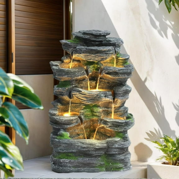 DYJP Outdoor Water Fountain 7 Tier Cascading Rock Waterfalls Fountains with LED Lights and Pump Indoor/Outdoor Modern Floor Standing Garden Water Fountain for Yard, Patio, House Decor