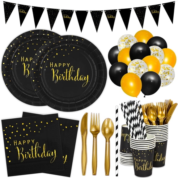 DYLIVeS Black Birthday Party Decorations Gold Foil Dots Happy Birthday Party supplies for Men Boys Paper Plates and Napkins Cups Straws Balloons Banner Cutlery 204 pcs Serve 24 Y102