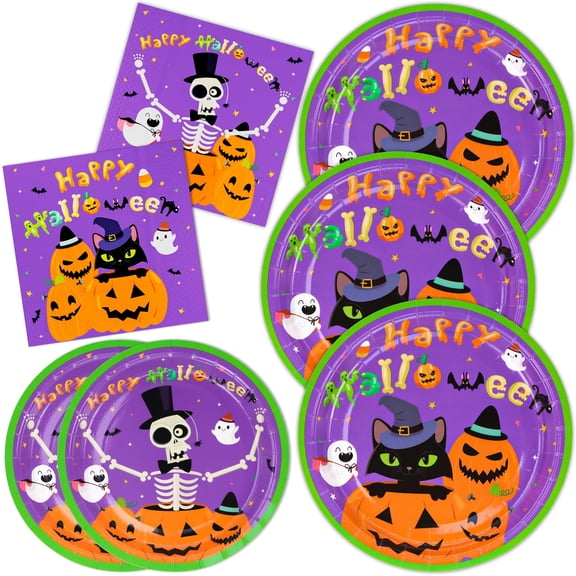 DYLIVeS Halloween Party Supplies, 150 Pcs AFN1Cat Pumpkin Skeleton Disposable Dinner Plates, Napkins, Spooky Kids' Birthday Party Decorations, Serves 50