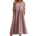 thumbnail image 1 of DYMADE Cotton Linen Casual Pleates Crewneck Pockets Midi Women Dress, 1 of 4