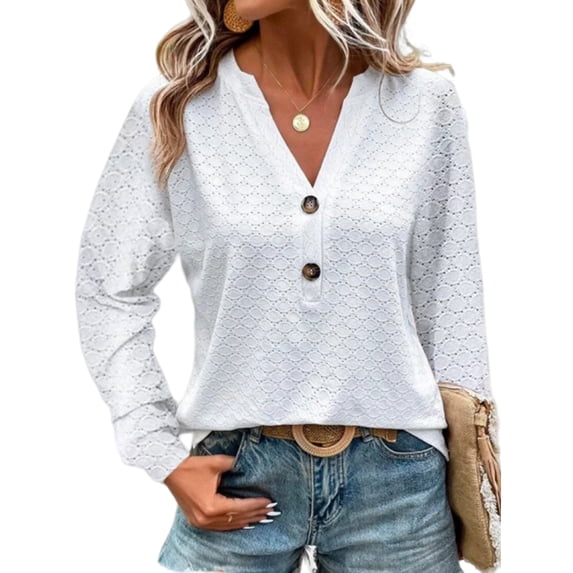 DYMADE Fashion Casual Solid Color Button V Neck Long Sleeve Jacquard T-Shirt Women