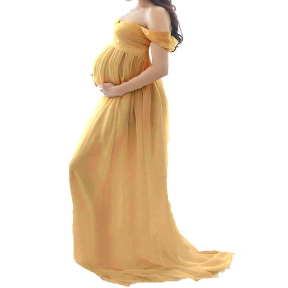 DYMADE Maternity V Neck Off The Shoulder Open Split Gown Maxi Photography Dress