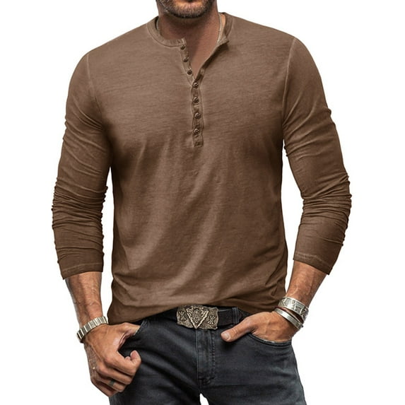 DYMADE Men Casual Long Sleeve Button Collar Henley Shirt Top