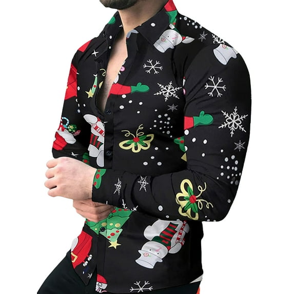 DYMADE Men Christmas Printed Long Sleeve Lapel Shirt Relaxed Fit Casual Top