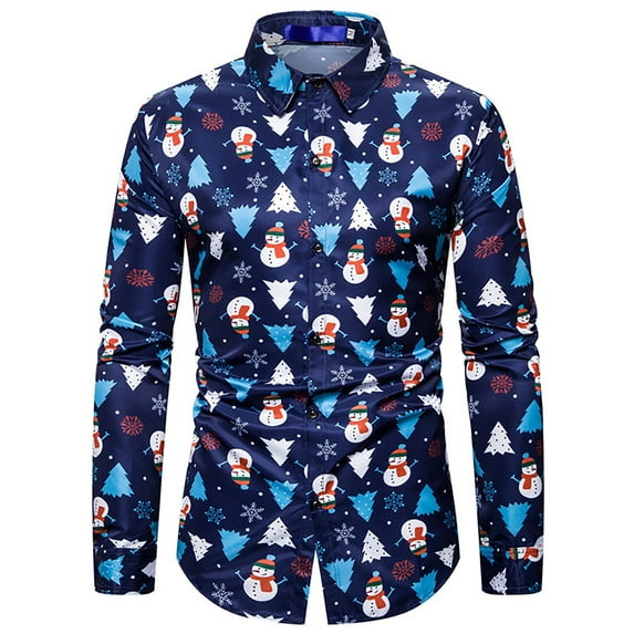 DYMADE Men Christmas Printed Long Sleeve Lapel Shirt Relaxed Fit Casual Top