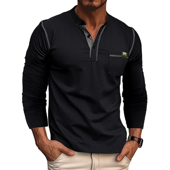 DYMADE Men Henley Tops Classic Solid Long Sleeve Round Neck Buttons Slim Fit T-Shirt