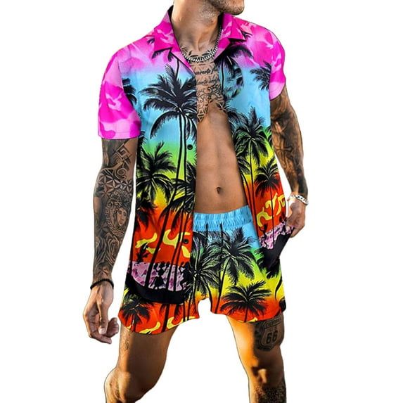 DYMADE Men Lapel Short Sleeve Shirt Shorts Hawaii Two Piece Sets