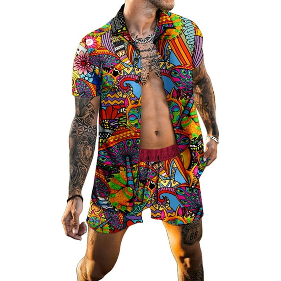 DYMADE Men Lapel Short Sleeve Shirt Shorts Hawaii Two Piece Sets