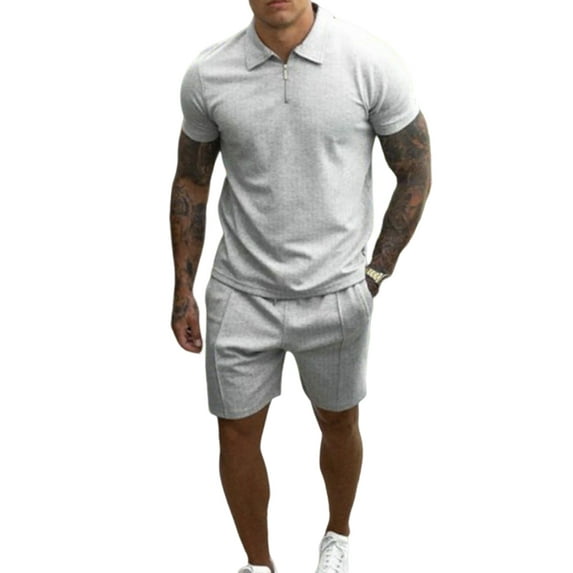 DYMADE Men Leisure Sports Suit Short Sleeved Lapel T-shirt Top And Capris 2 Piece Set