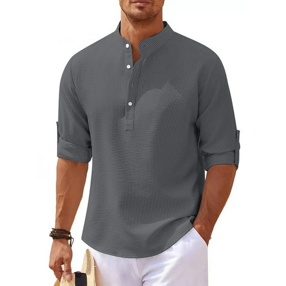 DYMADE Men Long Sleeve Rollable Sleeves Stand-Up Collar Long Sleeve Button Pullover T-Shirt Henley Tops