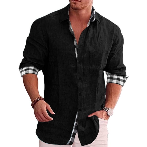 DYMADE Men Plus Size Solid Color Plaid Stitched Cotton Linen Shirt