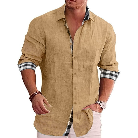 DYMADE Men Plus Size Solid Color Plaid Stitched Cotton Linen Shirt