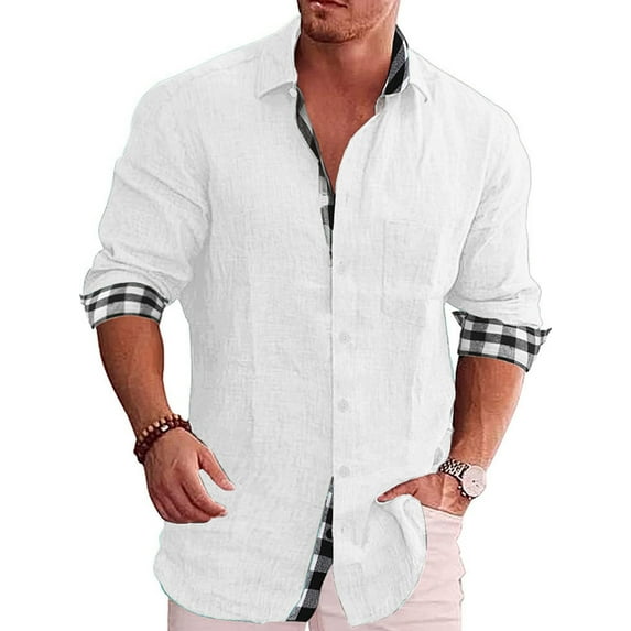 DYMADE Men Plus Size Solid Color Plaid Stitched Cotton Linen Shirt