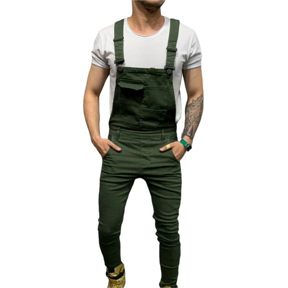 DYMADE Men Plus Size Suspender Denim Solid Color Torn Pants Casual Jumpsuit