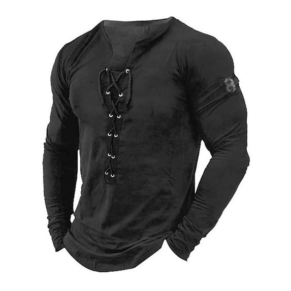 DYMADE Men Punk Street Style Long Sleeve Tie-Collar T-Shirt Tops